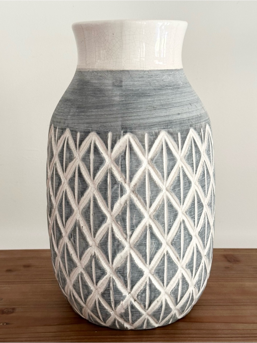 Textured Ceramic Vase in Grey Blue and White Diamond Pattern